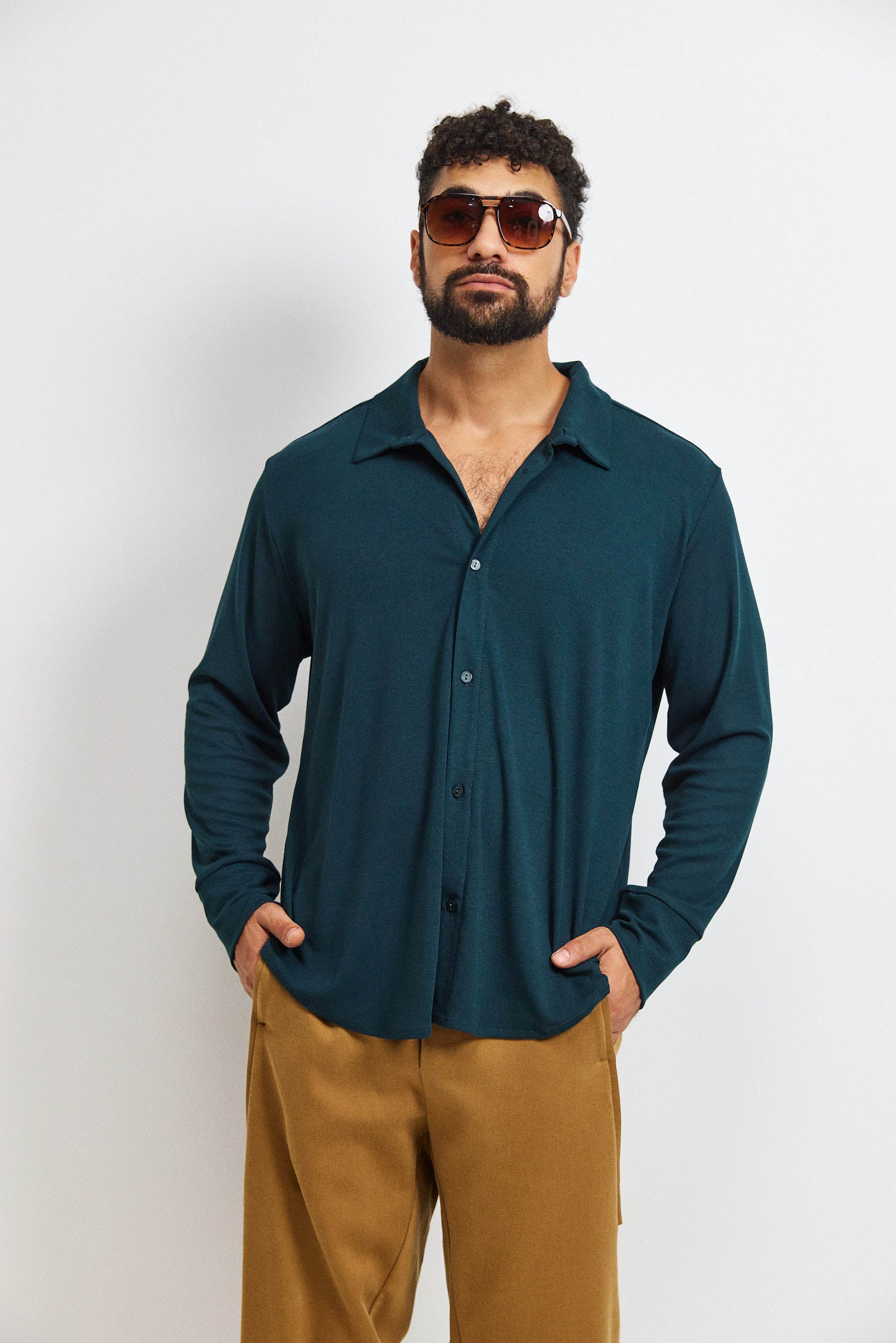 חולצת פה סריג גבר ירוק כהה