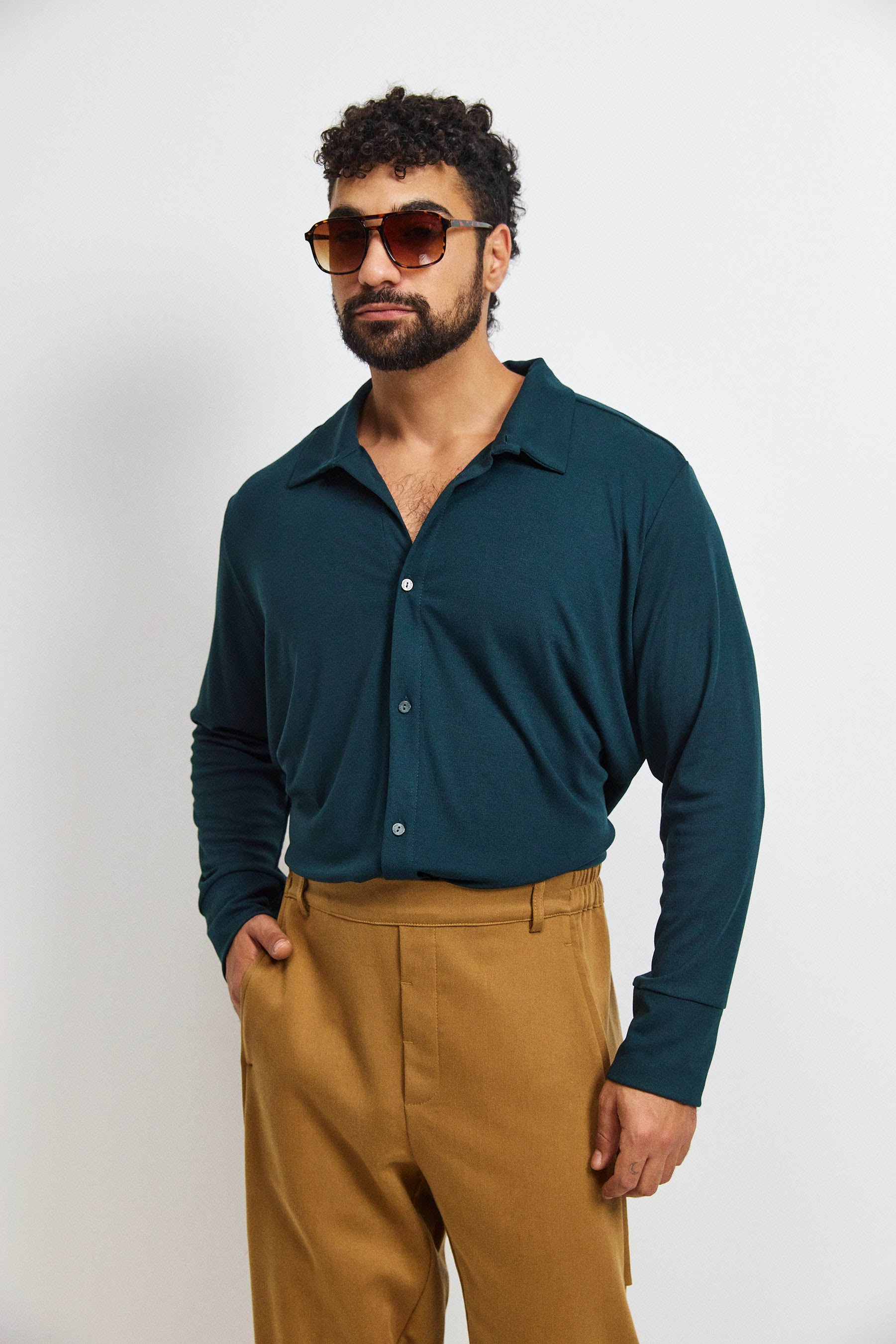 חולצת פה סריג גבר ירוק כהה