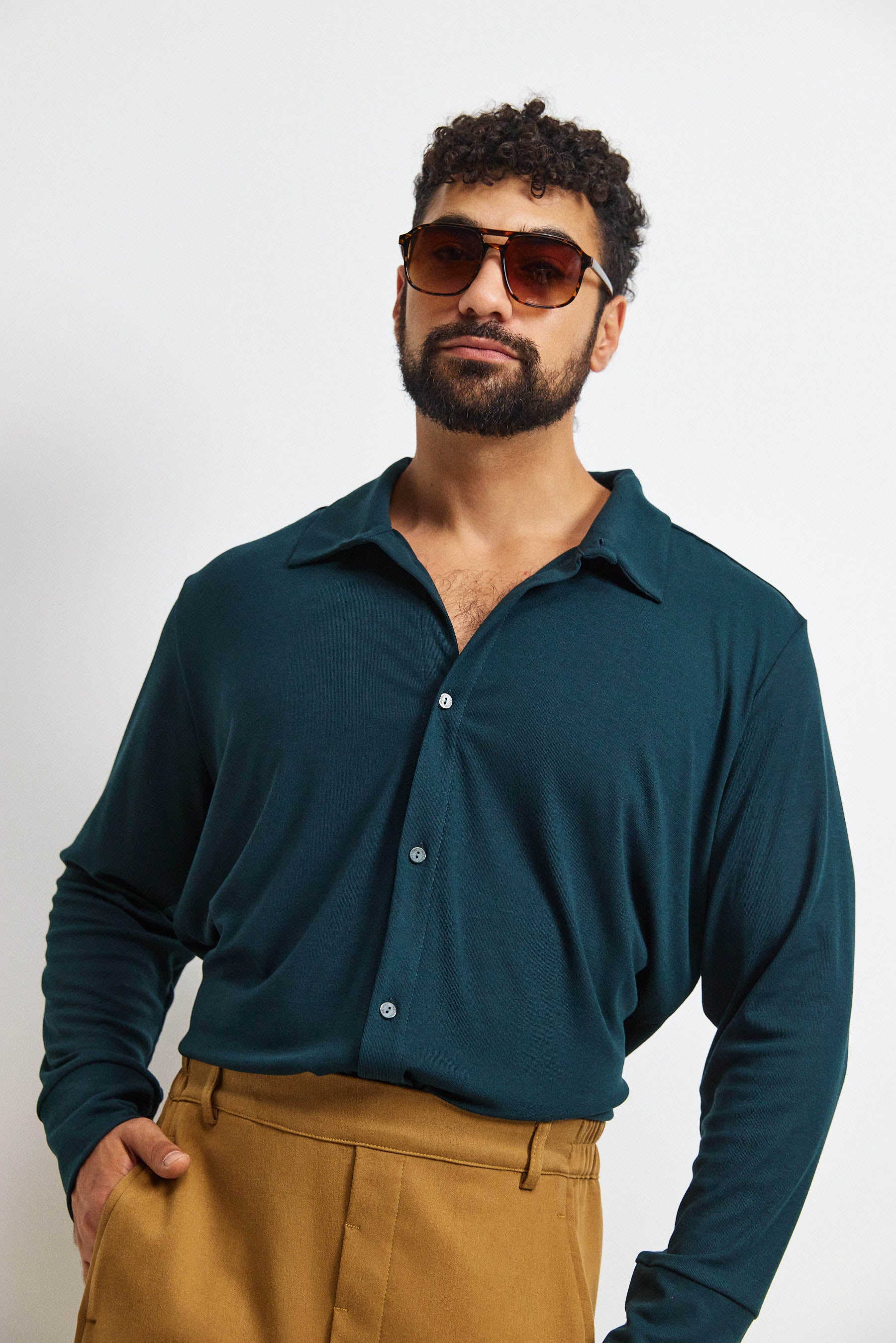 חולצת פה סריג גבר ירוק כהה