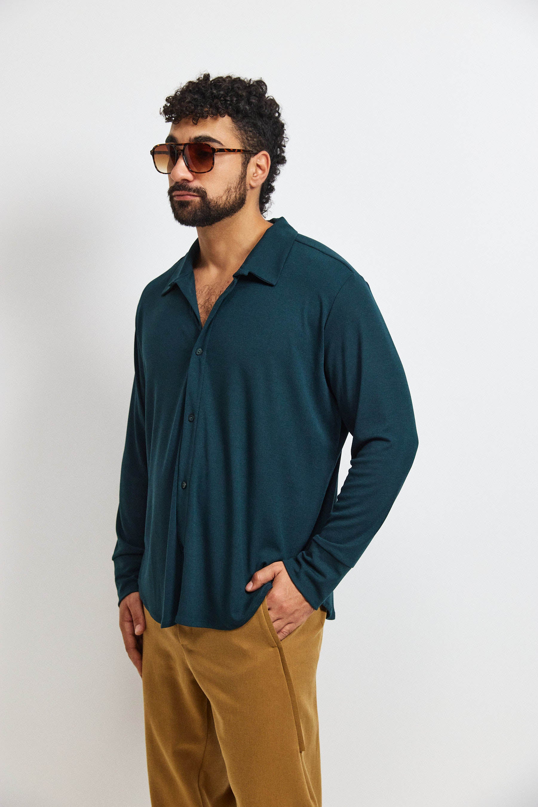 חולצת פה סריג גבר ירוק כהה